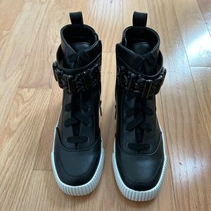 Karl Lagerfeld Jeren leather embellished high top buckled sneakers